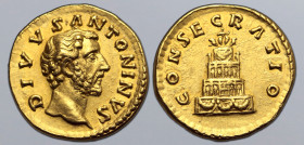 Divus Antoninus Pius AV Aureus. Rome, after AD 161. DIVVS ΛNTONINVS, bare head to right / CONSECRΛTIO, pyre of four tiers, decorated with hangings and...
