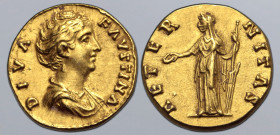 Diva Faustina I (wife of A. Pius) AV Aureus. Rome, after AD 141. DIVA FAVSTINA, draped bust to right / AETERNITAS, Fortuna standing facing, head to le...