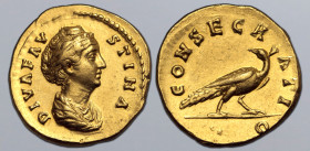 Diva Faustina I (wife of A. Pius) AV Aureus. Rome, after AD 141. DIVA FAVSTINA, draped bust to right / CONSECRATIO, peacock walking to right, head to ...