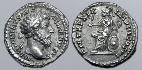 Marcus Aurelius AR Denarius. Rome, AD 165. M ANTONINVS AVG ARMENIACVS, laureate head to right / P M TR P XIX IMP III COS III, Roma seated to left, hol...