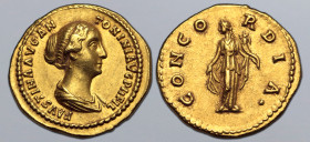 Faustina II (daughter of A. Pius) AV Aureus. Rome, AD 147-152. FAVSTINA AVG ANTONINI AVG PII FIL, draped bust to right / CONCORDIA, Concordia standing...