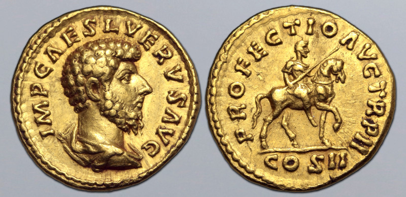 Lucius Verus AV Aureus. Rome, AD 161-162. IMP CAES L VERVS AVG, bare-headed and ...