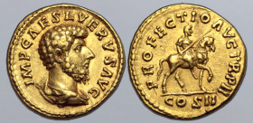 Lucius Verus AV Aureus. Rome, AD 161-162. IMP CAES L VERVS AVG, bare-headed and draped bust to right / PROFECTIO AVG TR P II, emperor on horseback adv...