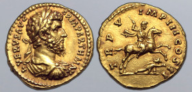 Lucius Verus AV Aureus. Rome, AD 165. L VERVS ARM PARTH MAX, laureate, draped and cuirassed bust to right / TR P V IMP III COS II, emperor on horsebac...