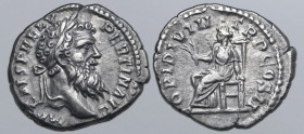 Pertinax AR Denarius. Rome, AD 193. IMP CAES P HELV PERTIN AVG, laureate head to right / OPI DIVIN TR P COS II, Ops seated to left, holding two grain ...