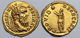 Pertinax AV Aureus. Rome, AD 193. IMP CAES P HELV PERTIN AVG, laureate head to right / PROVID DEOR COS II, Providentia standing to left, holding out b...