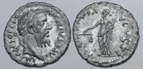 Pescennius Niger AR Denarius. Antioch, AD 193-194. IMP CAES C PESC NIGER IVST AVG, laureate head to right / IVSTITIA AVGVSTI, Justitia standing facing...