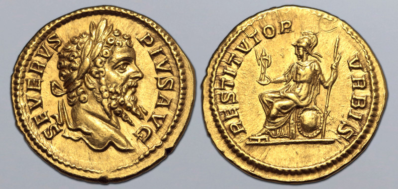 Septimius Severus AV Aureus. Rome, AD 207. SEVERVS PIVS AVG, laureate head to ri...