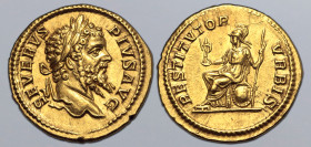 Septimius Severus AV Aureus. Rome, AD 207. SEVERVS PIVS AVG, laureate head to right / RESTITVTOR VRBIS, Roma seated to left on shield, holding palladi...
