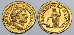 Caracalla AV Aureus. Rome, AD 210-213. ANTONINVS PIVS AVG BRIT, laureate head to right / PROVIDENTIAE DEORVM, Providentia standing to left, holding wa...