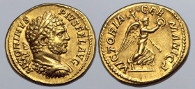 Caracalla AV Aureus. Rome, AD 213. ANTONINVS PIVS FEL AVG, laureate and cuirassed bust to right / VICTORIA GERMANICA, Victory, winged and draped, adva...