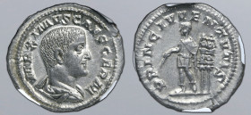 Maximus, as Caesar, AR Denarius. Rome, AD 236-238. MAXIMVS CAES GERM, bare-headed and draped bust to right / PRINC IVVENTVTIS, prince standing to left...