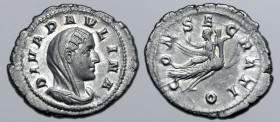 Diva Paulina (wife of Maximinus I) AR Denarius. Rome, AD 236. DIVA PAVLINA, veiled and draped bust to right / CONSECRATIO, empress raising right hand ...