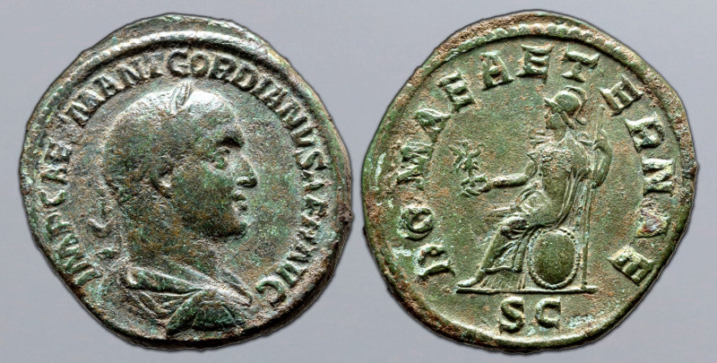 Gordian II Africanus Æ Sestertius. Rome, AD 238. IMP CAES M ANT GORDIANVS AFR AV...