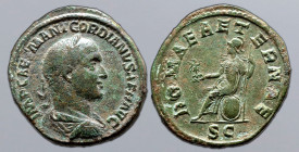 Gordian II Africanus Æ Sestertius. Rome, AD 238. IMP CAES M ANT GORDIANVS AFR AVG, laureate, draped and cuirassed bust to right / ROMAE AETERNAE, Roma...