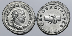 Balbinus AR Antoninianus. Rome, AD 238. IMP CAES D CAEL BALBINVS AVG, radiate, draped and cuirassed bust to right / CONCORDIA AVGG, clasped hands. RIC...