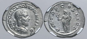 Pupienus AR Denarius. Rome, AD 238. IMP C M CLOD PVPIENVS AVG, laureate, draped and cuirassed bust to right / P M TR P COS II P P, Felicitas standing ...