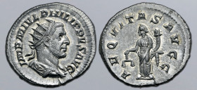 Philip I AR Antoninianus. Rome, AD 244-247. IMP M IVL PHILIPPVS AVG, radiate, draped and cuirassed bust to right / AEQVITAS AVGG, Aequitas standing fa...