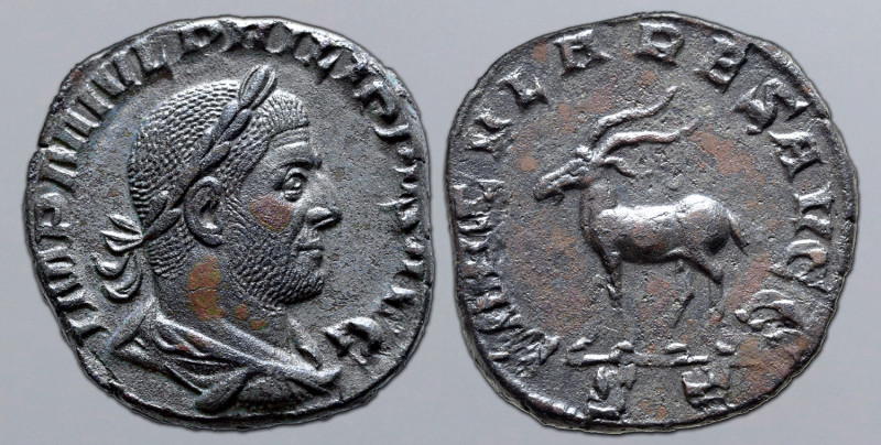 Philip II Æ Sestertius. Rome, AD 248. IMP M IVL PHILIPPVS AVG, laureate, draped ...