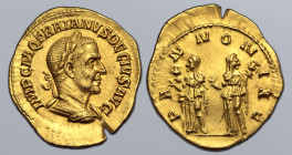 Trajan Decius AV Aureus. Rome, AD 249-251. IMP C M Q TRAIANVS DECIVS AVG, laureate and cuirassed bust to right / PANNONIAE, the two Pannoniae standing...