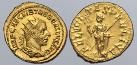 Trebonianus Gallus AV Binio (Double Aureus). Rome, AD 251-253. IMP CAE C VIB TREB GALLVS AVG, radiate, draped and cuirassed bust to right / FELICITAS ...