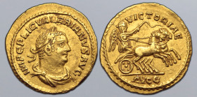 Valerian I AV Aureus. Samosata, AD 255-256. IMP C P LIC VALERIANVS AVG, laureate, draped and cuirassed bust to right / VICTORIAE, Victory driving gall...