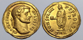 Diocletian AV Aureus. Antioch, AD 290-292. DIOCLETIANVS AVGVSTVS, laureate head to right / CONSVL IIII P P PROCOS, emperor, draped and cuirassed, stan...