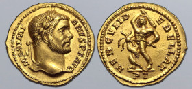 Maximian AV Aureus. Treveri, AD 293-294. MAXIMIANVS P F AVG, laureate head to right / HERCVLI DEBELLAT, Hercules standing facing, head to left, holdin...