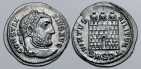 Constantius I AR Argenteus. Serdica, AD 305-307. CONSTANTIVS AVG, laureate head to right / VIRTVS MILITVM, camp gate with three turrets, no doors; •SM...
