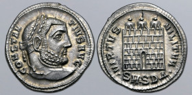 Constantius I AR Argenteus. Serdica, AD 305-307. CONSTANTIVS AVG, laureate head to right / VIRTVS MILITVM, camp gate with three turrets, no doors; •SM...