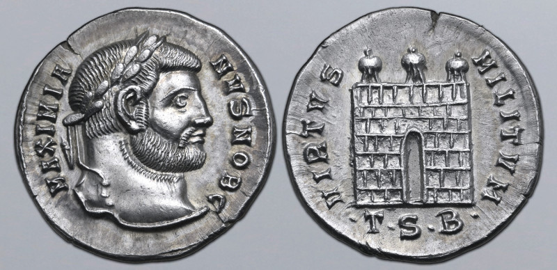 Galerius, as Caesar, AR Argenteus. Thessalonica, AD 302. MAXIMIANVS NOB C, laure...