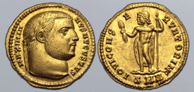 Galerius AV Aureus. Nicomedia, AD 307-308. MAXIMIANVS AVGVSTVS, laureate head to right / IOVI CONSERVATORI NK (partially ligate), Jupiter standing to ...