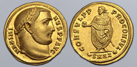 Maximinus II AV Aureus. Antioch, AD 311. MAXIMINVS P F AVG, laureate head to right / CONSVL P P PROCONSVL, laureate and togate emperor standing facing...