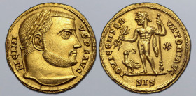Licinius I AV Aureus. Siscia, AD 316. LICINIVS P F AVG, laureate head to right / IOVI CONSERVATORI AVG, Jupiter standing facing, head to left, holding...