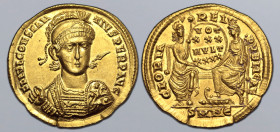 Constantius II AV Solidus. Nicomedia, AD 351-355. FL IVL CONSTANTIVS PERP AVG, pearl-diademed, helmeted and cuirassed bust facing slightly to right, h...
