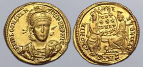 Constantius II AV Solidus. Nicomedia, AD 351-355. FL IVL CONSTANTIVS PERP AVG, pearl-diademed, helmeted and cuirassed bust facing slightly to right, h...