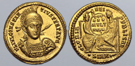 Constantius II AV Solidus. Sirmium, AD 351-354. FL IVL CONSTANTIVS PERP AVG, pearl-diademed, helmeted and cuirassed bust facing slightly to right, hol...