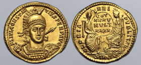 Constantius II AV Solidus. Sirmium, AD 355-361. FL IVL CONSTANTIVS PERP AVG, pearl-diademed, helmeted and cuirassed bust facing slightly to right, hol...