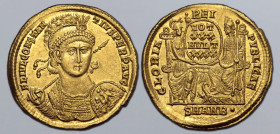 Constantius II AV Solidus. Antioch, AD 355-361. FL IVL CONSTANTIVS PERP AVG, pearl-diademed, helmeted and cuirassed bust facing slightly to right, hol...