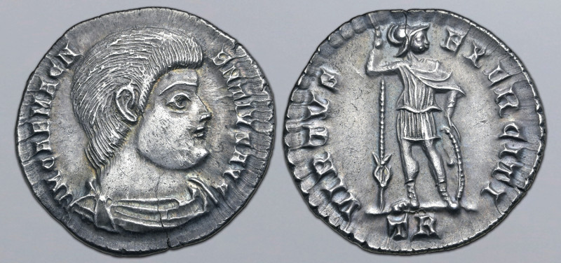 Magnentius AR Siliqua. Treveri, AD 350. IM CAE MAGNENTIVS AVG, bare-headed and d...