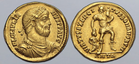 Julian II AV Solidus. Antioch, AD 361-363. FL CL IVLIANVS P P AVG, pearl-diademed, draped and cuirassed bust to right / VIRTVS EXERCITVS ROMANORVM, so...
