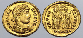 Valens AV Solidus. Treveri, AD 372. D N VALENS P F AVG, rosette-diademed, draped and cuirassed bust to right / VICTORIA AVGG, Valentinian and Valens e...