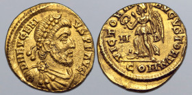 Eugenius AV Tremissis. Mediolanum, AD 393-394. D N EVGENIVS P F AVG, pearl-diademed, draped and cuirassed bust to right / VICTORIA AVGVSTORVM, Victory...