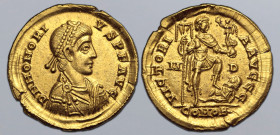 Honorius AV Solidus. Mediolanum, AD 394-395. D N HONORIVS P F AVG, pearl-diademed, draped and cuirassed bust to right / VICTORIA AVGGG, emperor standi...