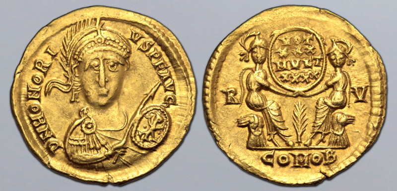 Honorius AV Solidus. Ravenna, AD 421. D N HONORIVS P F AVG, pearl-diademed, helm...