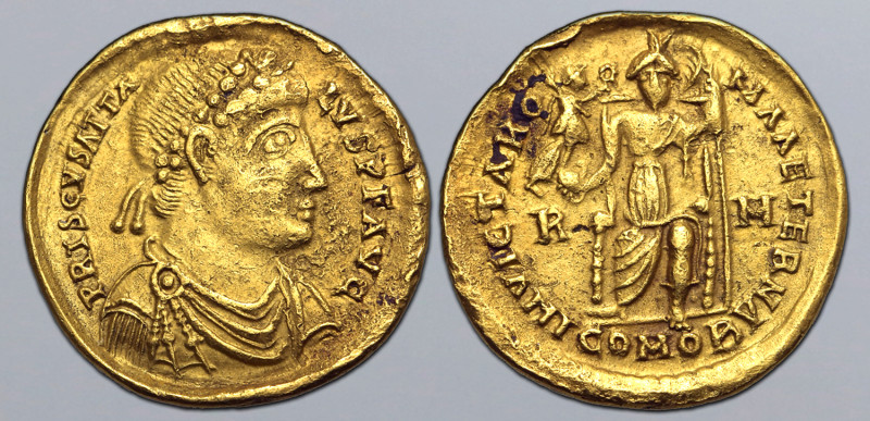 Priscus Attalus AV Solidus. Rome, AD 409. PRISCVS ATTALVS P F AVG, pearl-diademe...