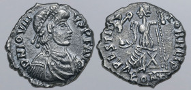 Jovinus AR Siliqua. Arelate, AD 411-413. D N IOVINVS P F AVG, pearl-diademed, draped and cuirassed bust to right / RESTI[TV]TOR REIP, Roma seated to l...