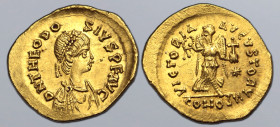 Theodosius II AV Tremissis. Constantinople, AD 408-420. D N THEODOSIVS P F AVG, pearl-diademed, draped and cuirassed bust to right / VICTORIA AVGVSTOR...