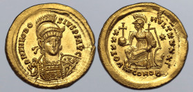 Theodosius II AV Solidus. Constantinople, AD 430-440. D N THEODOSIVS P F AVG, pearl-diademed, helmeted and cuirassed bust facing slightly to right, ho...