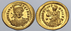 Theodosius II AV Solidus. Constantinople, AD 441-450. D N THEODOSIVS • P • F • AVG, pearl-diademed, helmeted and cuirassed bust facing slightly to rig...